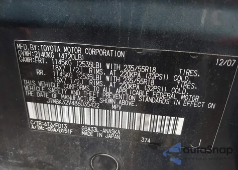 2008 Toyota Rav4 Sport V6 z USA, uszkodzony, nr VIN JTMBK32V486035422